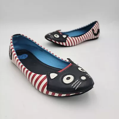 TUK Black Cat Kitty Flats Womens Slip-On Shoes  Punk Red White Stripe Sz US 6 • $34.99
