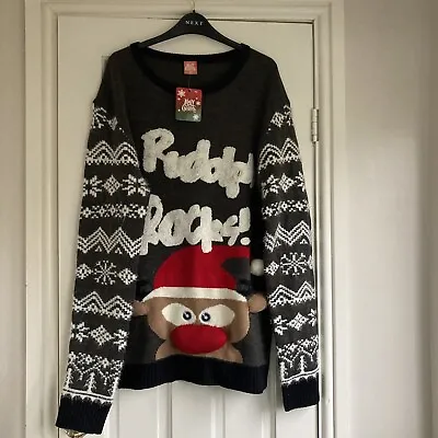 Mens Grey  Red Rudolph Rocks  Novelty Christmas Jumper 3d Tall XL  Long • £14.99