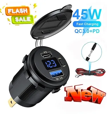 12V Waterproof QC3.0 +PD USB Car Fast Charger Socket Power Outlet LED Voltmeter • $11.11