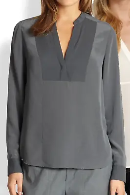 New Vince Lead Gray Silk Half Placket Split Neck Long Sleeve Top Blouse L $295 • $103.99