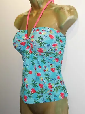 Turquoise / Coral Tu Tankini Top Size 14 - Halter Neck Strapless Tropical • £3.99