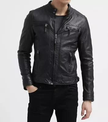 Men Genuine Vintage Style Motorcycle Distressed Black Biker Leather Jacket • $34.59