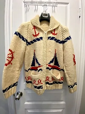 Vintage Hand Knit Wool Cowichan Sweater Off White Sea Sailboat Mary Maxim • $367.96