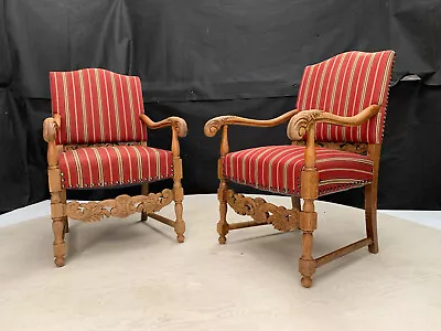 EB2873 Pair Of Danish Carved Oak & Striped Red Wool Chairs Vintage Lounge VCAR • £275