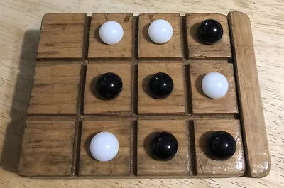 Vintage Wooden Tic-Tac-Toe W/ 9 Black & White Marbles • $8.79