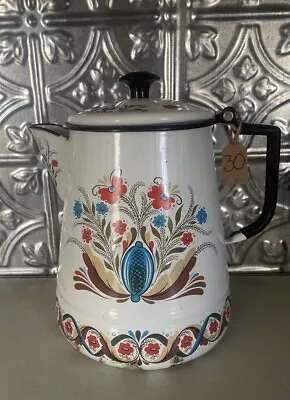 Vintage Berggren Swedish Enamelware Coffee Pot~Scandinavian Folk Art~Multi-Color • $30