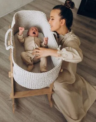 Baby Bassinet With Mattress And Wooden Stand Boho Moses Basket Newborn Gift • $300