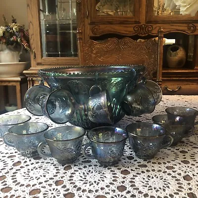 Vintage Indiana Glass Iridescent Blue Harvest Carnival Glass Punch Bowl Set • $100