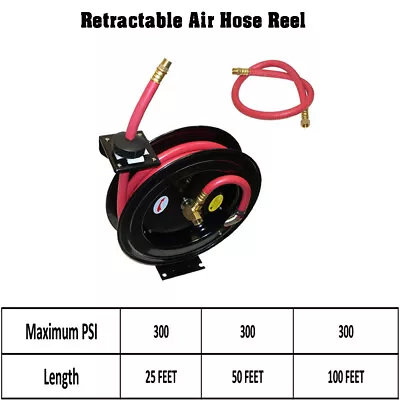 25 Ft/ 50 Ft/ 100 Ft X 3/8  Retractable Air Hose Reel Wall Truck Mount 300 PSI • $105.99