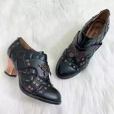 Hades Black Faux Leather Steampunk Ankle Booties Stud Gear & Butterfly Accent • $59.98