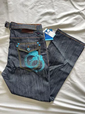 New Men's AKON KONVICT Embroidered HandCuffs  Baggy RAW DENIM JEANS SIZE: 34- 42 • $24.99