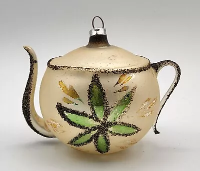 Vintage West Germany Mercury Glass Hand-Painted Green Leaf Flower & Mica Teapot • $39.99