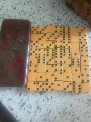 $19.99 • Buy Vintage Butterscotch Bakelite Domino Set 28 Pieces In Metal Case