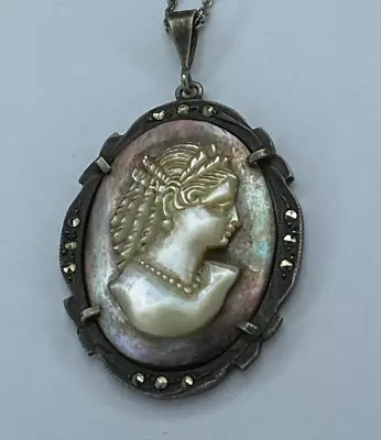 Cameo Brooch 800 Silver Marcasite Mother Of Pearl 16 In Sterling Chain Vintage • $48