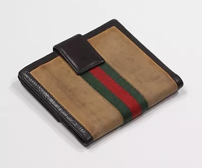 $95 • Buy Gucci Brown Canvas Web Stripe Leather Bifold Wallet Billfold