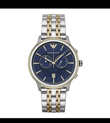 New Genuine Emporio Armani Mens Watch Ar1847 Stainles Steel Two Tone Blue Dial • £69.99
