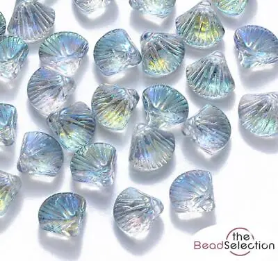 20 GLASS SHELL BEADS 10mm X 8mm AB RAINBOW PENDANT CHARM Jewellery Making GLS26 • £3.29