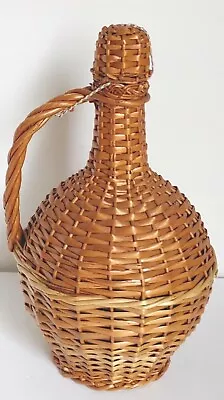 Vintage 9  Brown Wicker Wrapped Green Glass Bottle With Handle & Attatched Lid • $33.10