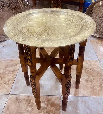 Moroccan Handmade Traditional Brass Tray Top Round Carved Wood 155’’ • $175