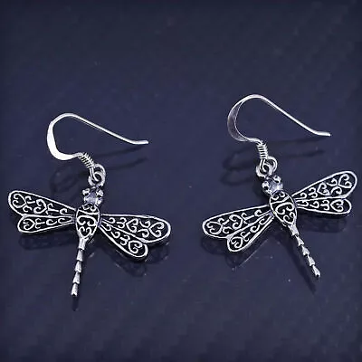 Vintage Sterling Silver 925 Handmade Earrings Filigree Dragonfly Dangles • $26