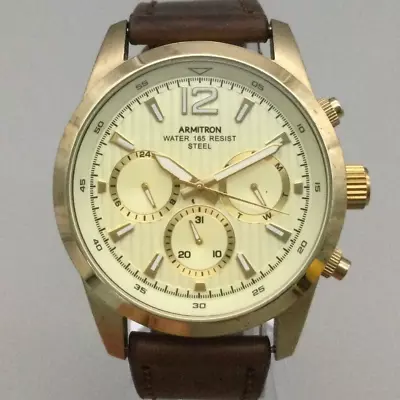 Armitron Steel Chronograph Watch Men 44mm Gold Tone Date 24 Hour 50M New Battery • $34.99