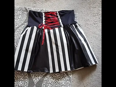 Pleather Black & White Striped Skirt With Corset Front Red Ribbon • £20