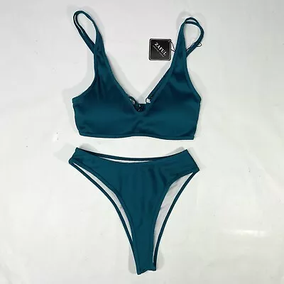 Zaful Bikini 2 Piece Swimsuit Size 6 High Rise High Cut Bathing Suit Blue Green • $12.50