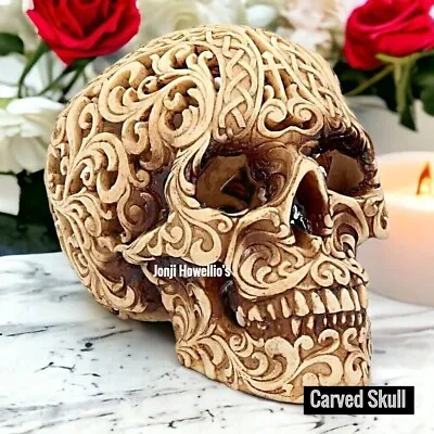 Skull Ornament Carved Celtic Design Sculpture Gothic Pagan Wiccan Fantasy Myth • £16.90