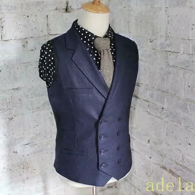 Men's V-neck Suit Vest Waistcoat Business Lapel Collar Double-Breasted Linen Top • $67.15