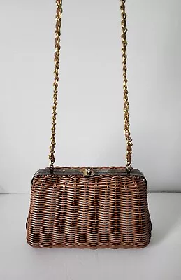 Vintage Tandem Faux Straw Bag Crossbody Purse Chain Strap Brown Gold Retro • $39.99