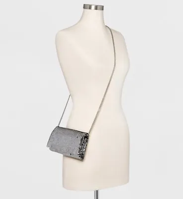 Foldover Clutch W/ Removable Crossbody Chain Mossimo Supply Black Silver Sequins • $11.99