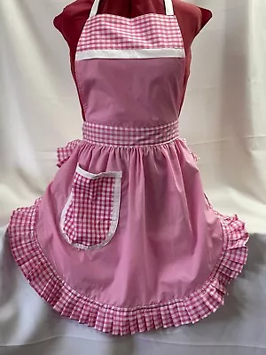 RETRO VINTAGE 50s STYLE FULL APRON / PINNY - PINK With PINK & WHITE GINGHAM TRIM • £26.99