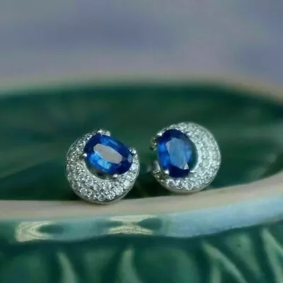 3Ct Oval Lab Created Blue Sapphire Diamond Stud Earrings 14k White Gold Plated • $89.99