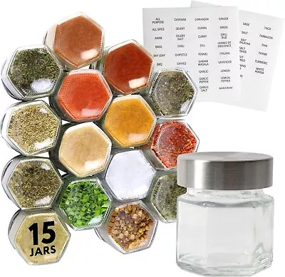 15 Pack Magnetic Spice Jars - Hexagon Glass Stainless Steel Strong Magnet Lids • $48.99