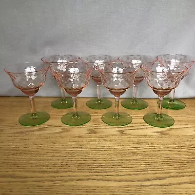 8  Depression Tiffin Watermelon Pink & Green Champagne/Wine Glasses 5” - Chips • $95