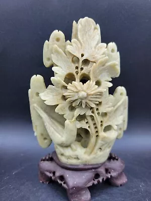 Vintage Hand Carved Chinese Soapstone Sculpture Figurine Floral Arrangement Bird • $40