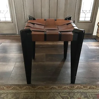 Vintage Woven Stool Brown Leather Danish Mid Century Ebonized Wood Bench Seat • $425