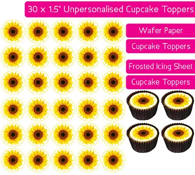 30 Sunflowers Edible Wafer & Icing Cupcakes Toppers Birthday Party Garden Decor • £2.25
