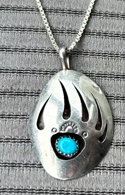 Vintage Navajo Sterling Silver Turquoise Bear Claw Shadow Pendant Necklace 17.5” • $69.99