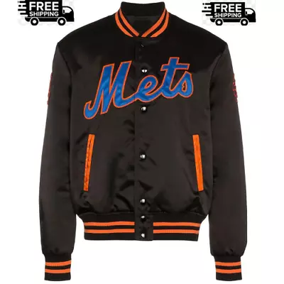 Men’s New York NY Mets Black Satin Varsity Bomber Vintage Jacket Free Shipping • $119.99