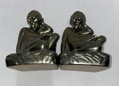 Vintage Plaster Bronzed Boy Cherub Reading BOOK ENDS S. Morani Inspired 207 • $28.95