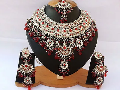 Silver Plated Jodha Akbar Kundan Zerconic Indian Necklace Earrings Tikka Set 1 • $28.80