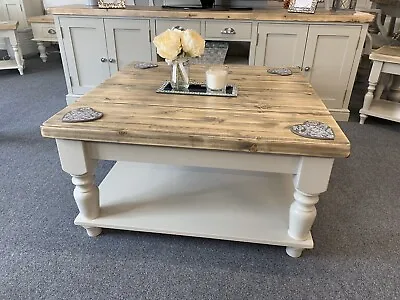 Square Farmhouse Coffee Table With Shelf Made From Solid Pine In Farrow & Ball • £595