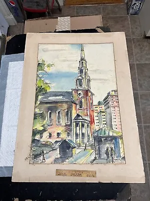 Vtg 1930’s Watercolor Painting Park St Church & Subway Boston Mass Signed Wood • $195