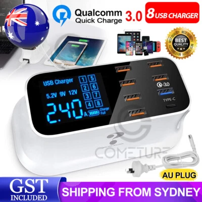 $32.75 • Buy 8 Ports Multi USB Charging Station QC 3.0 Type-C Desktop Phone Charger Dock Hub