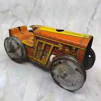 Marx Toy Wind Up Tin Litho Bulldozer/Tractor Yellow & Orange 8x3.5” TK2 • $13.50