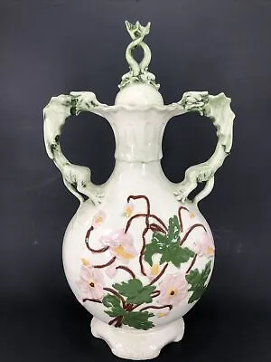 Decorative Ceramic 14” Vase With Lid Hand Painted Relief Dragon Handles • $17.49