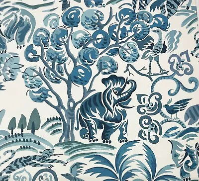 P Kaufmann Wilderness Persian Blue Elephant Horse Bird Tiger Fabric By Yard 54 W • $17.99
