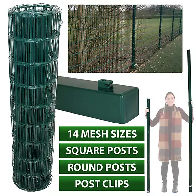 PVC GREEN COATED GARDEN MESH WIRE FENCE FENCING 0.6 0.9 1.2 1.5 1.8M Metal Post • £34.99