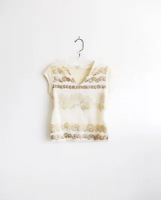 Majestic Cream Gold Lace Pattern V-Neck Short Sleeve Tee Shirt Size 1 US Small • $15